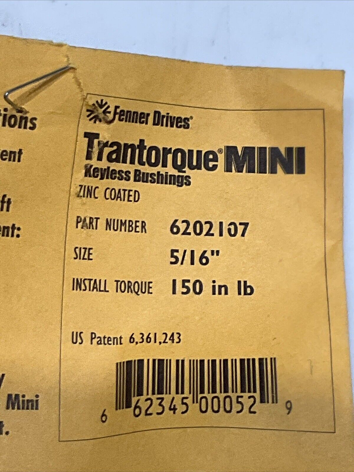 FENNER DRIVES 6202107 TRANTORQUE MINI KEYLESS BUSHINGS 5/16 IN 150 IN LB U3S