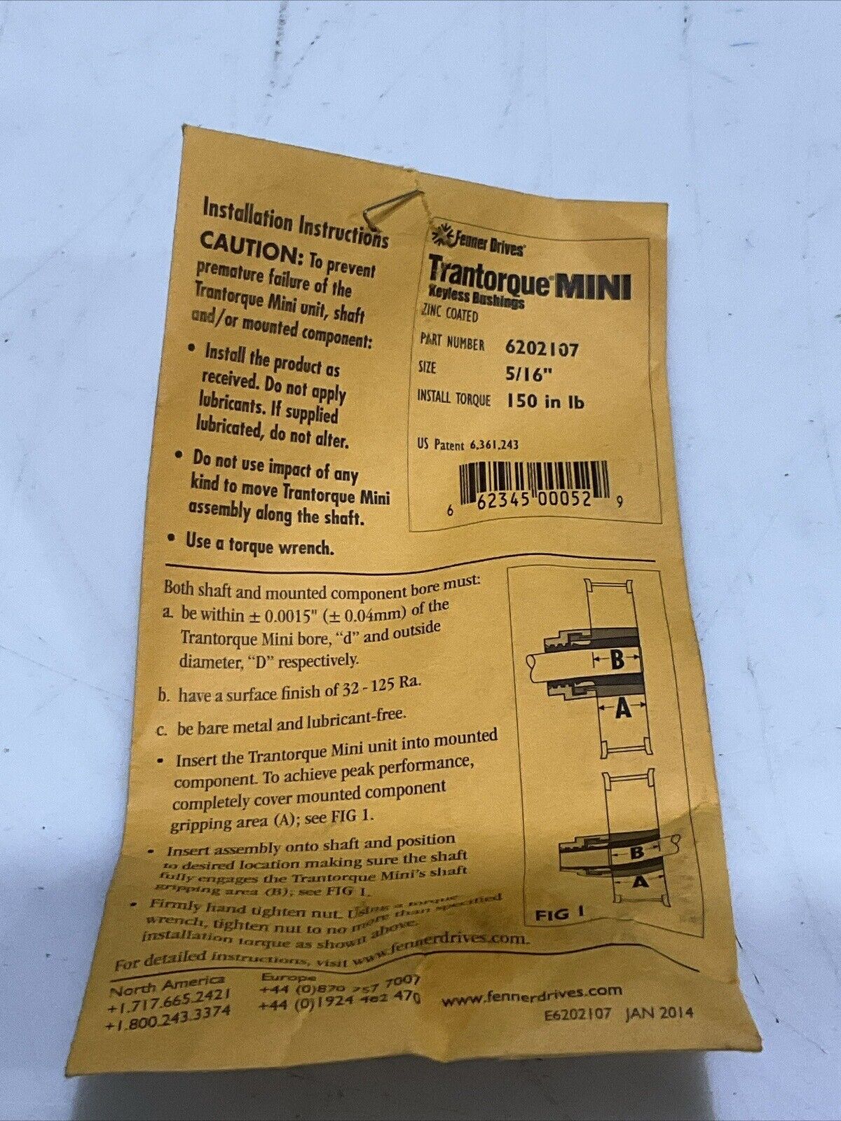 FENNER DRIVES 6202107 TRANTORQUE MINI KEYLESS BUSHINGS 5/16 IN 150 IN LB U3S