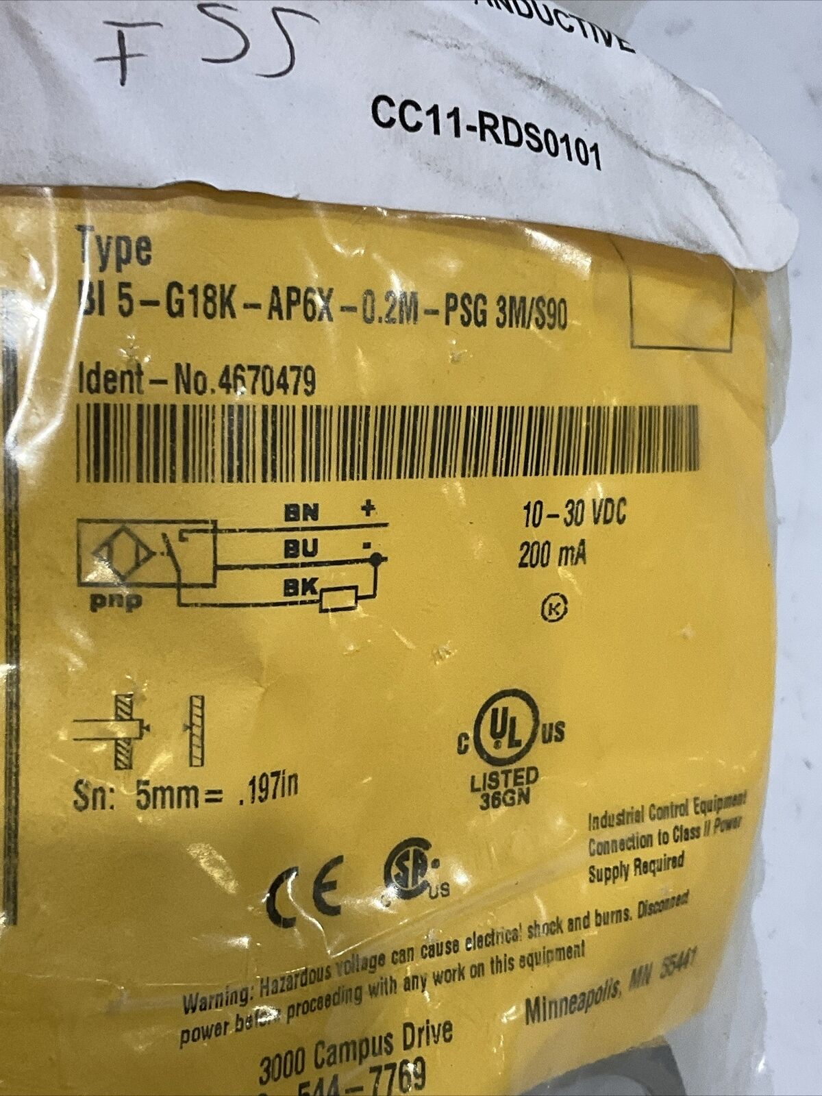 TURCK BI 5-G18K-AP6X-2.0M-PSG 3M/S90 4670479 INDUCTIVE SENSOR 10-30 VDC U3S