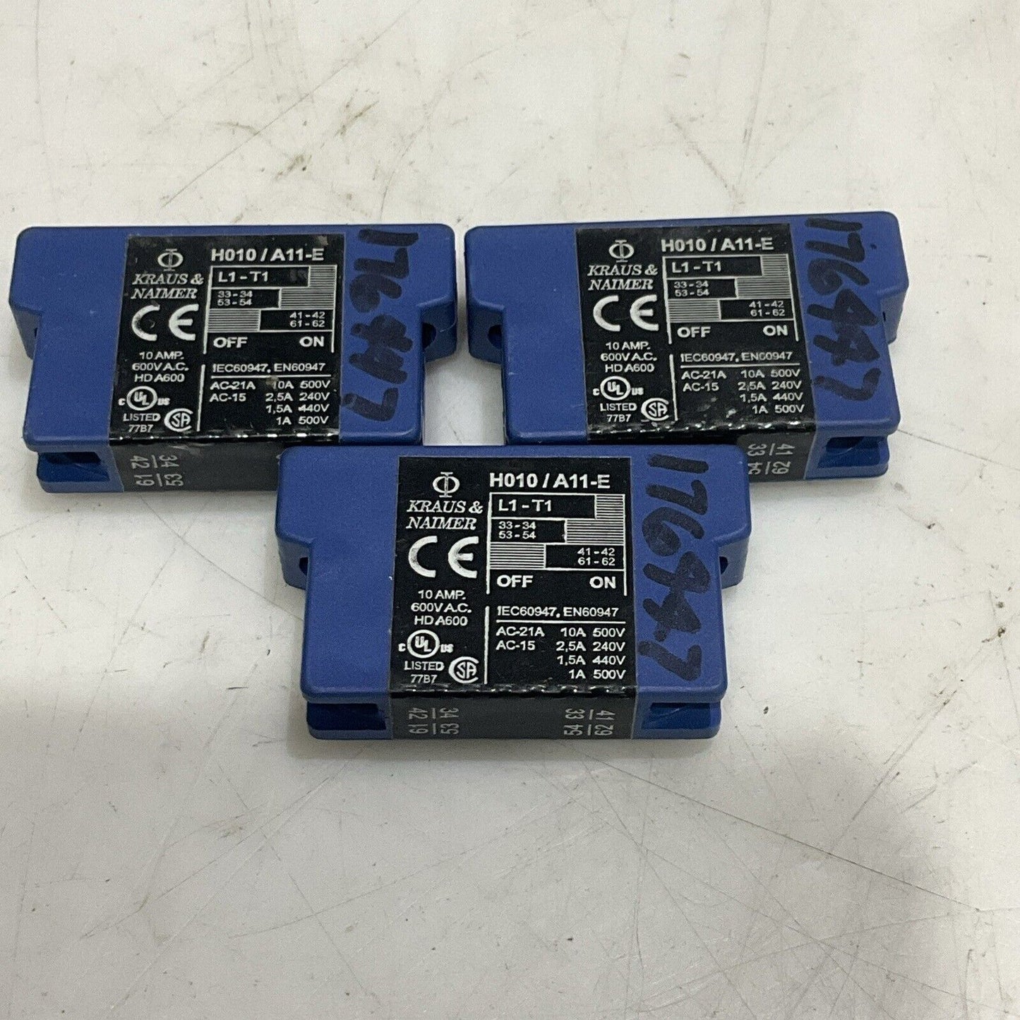 KRAUS & NAIMER H010/A11-E AUXILIARY CONTACT 10 AMP 600V LOT OF 3 U4M