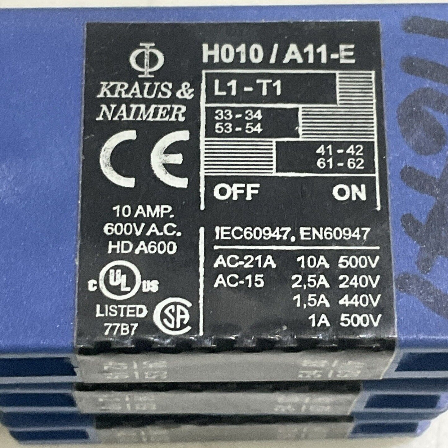KRAUS & NAIMER H010/A11-E AUXILIARY CONTACT 10 AMP 600V LOT OF 3 U4M