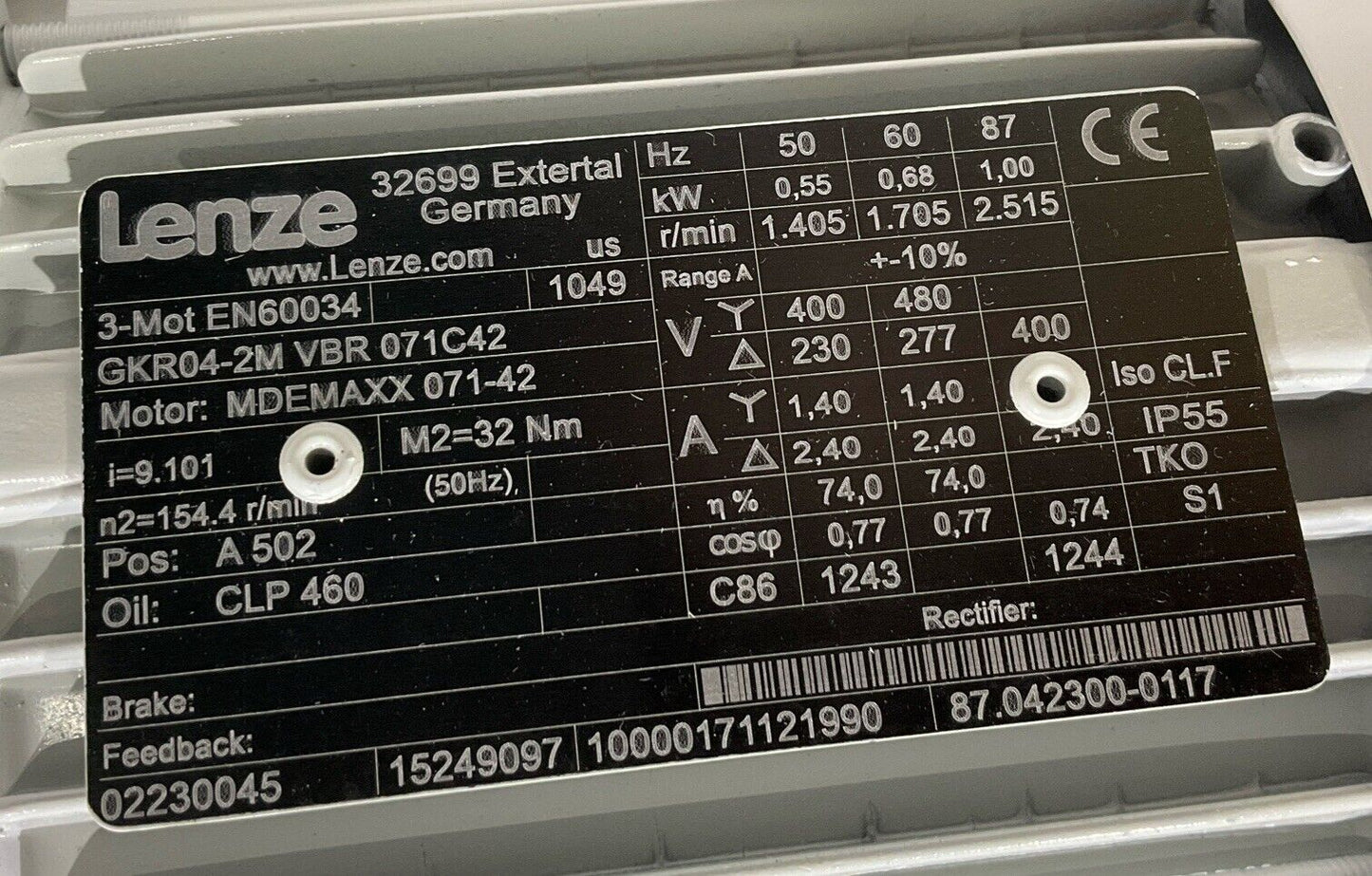 LENZE GKR04-2M VBR 071C42 GEARBOX MOTOR U3S