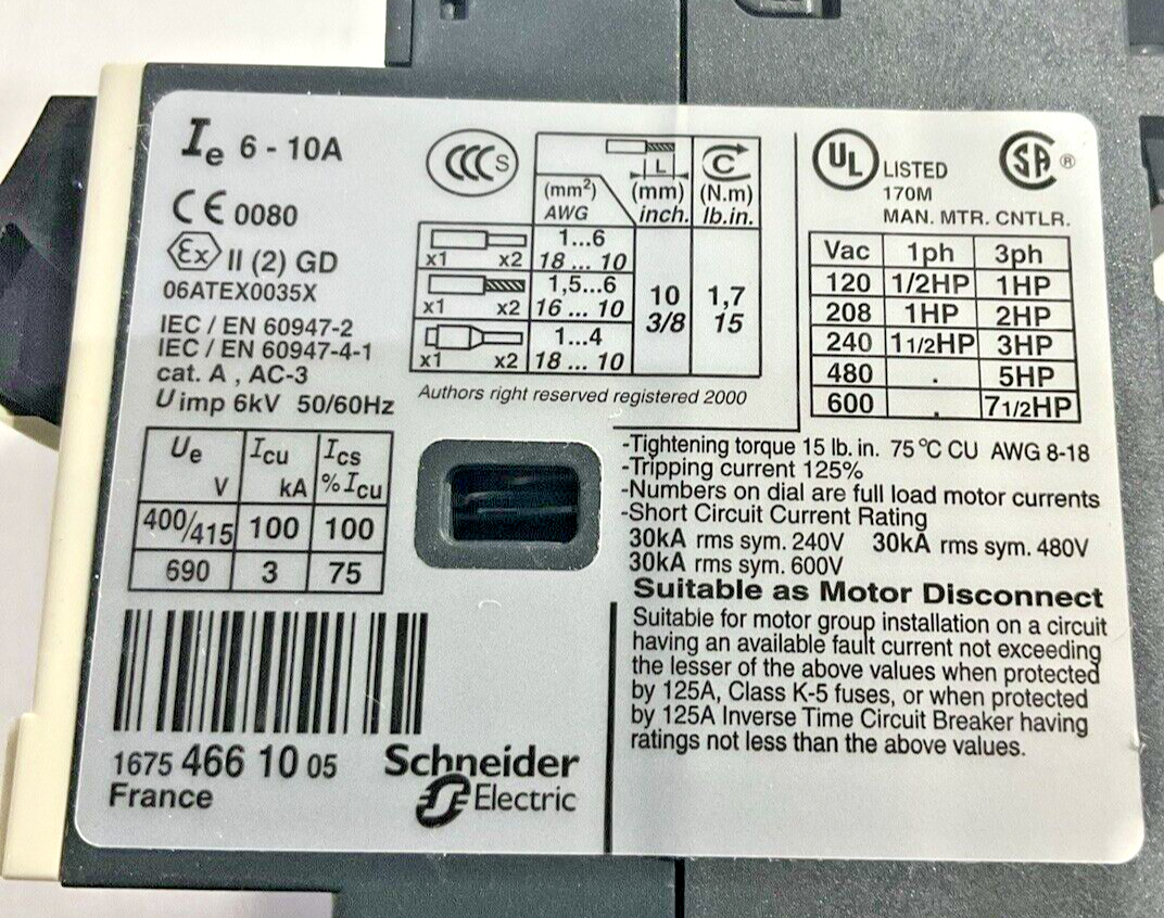 TELEMECANIQUE 06ATEX0035X GV2ME14 MOTOR CIRCUIT BREAKER U3S