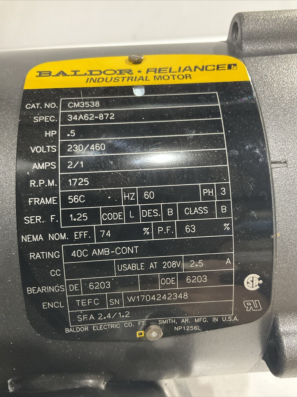 BALDOR RELIANCE 0.5HP CM3538 MOTOR 230/460V