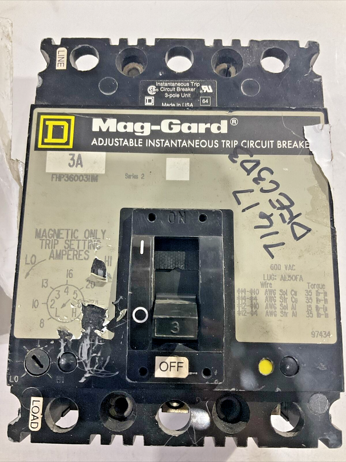 MAG- GARD FHP360031M ADJUSTABLE INSTANTANEOUS TRIP CIRCUIT BREAKER U4M