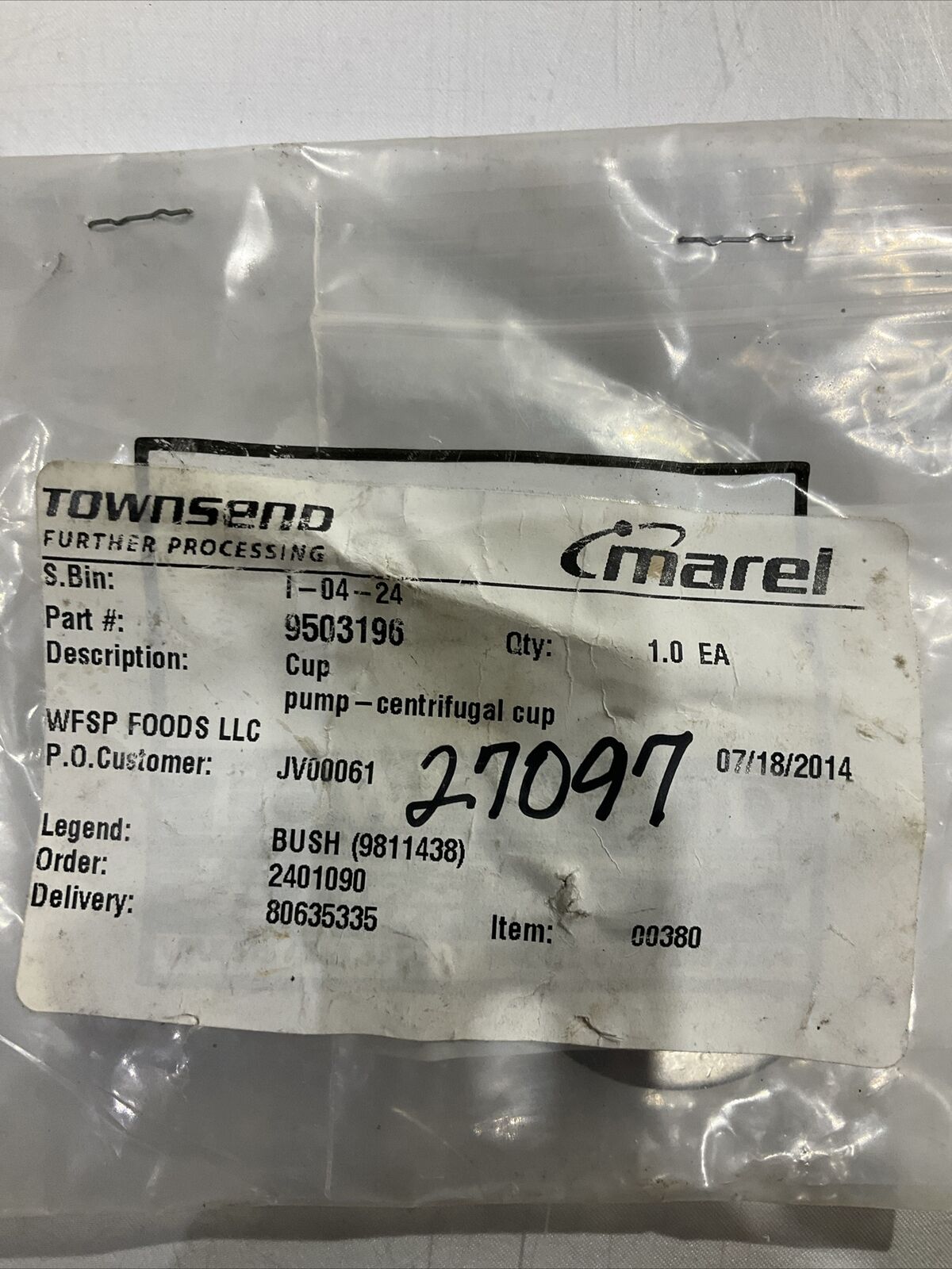 TOWNSEND MAREL BUSH 9811438 9503196 CUP FOR PUMP-CENTRIFUGAL U4M
