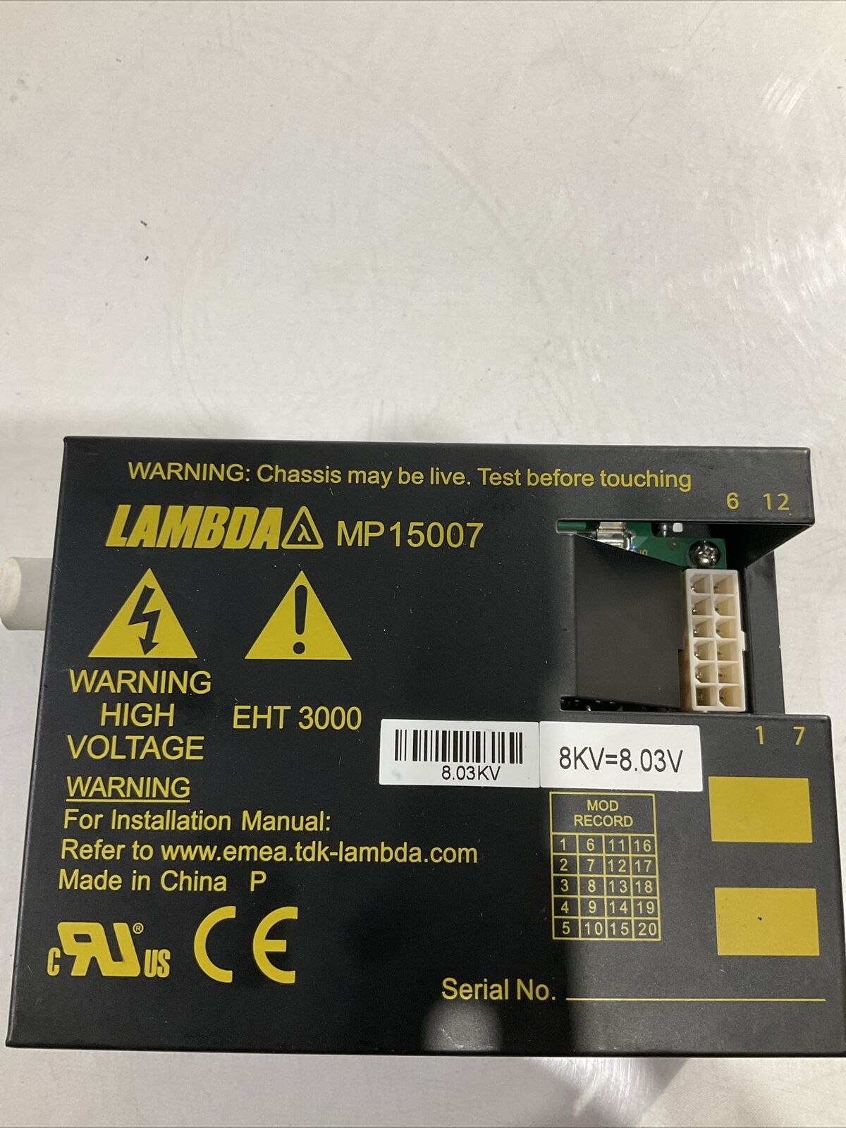 TDK LAMBDA MP15007 HIGH VOLTAGE PAWER SUPPLY EHT3000 U4M