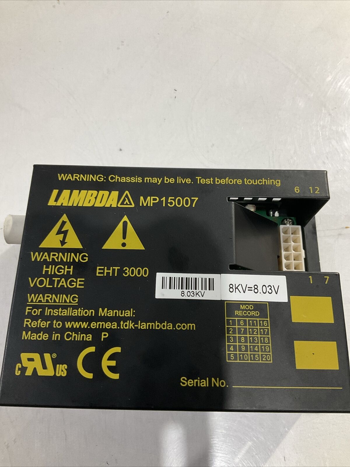 TDK LAMBDA MP15007 HIGH VOLTAGE PAWER SUPPLY EHT3000 U4M