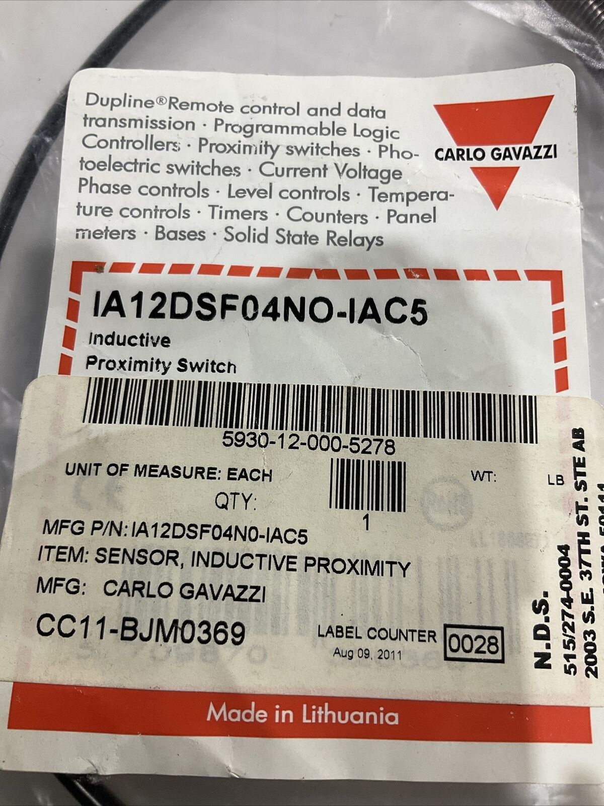 CARLO GAVAZZI IA12DSFO4NO-IAC5 SENSOR INDUCTIVE PROXIMITY U3S