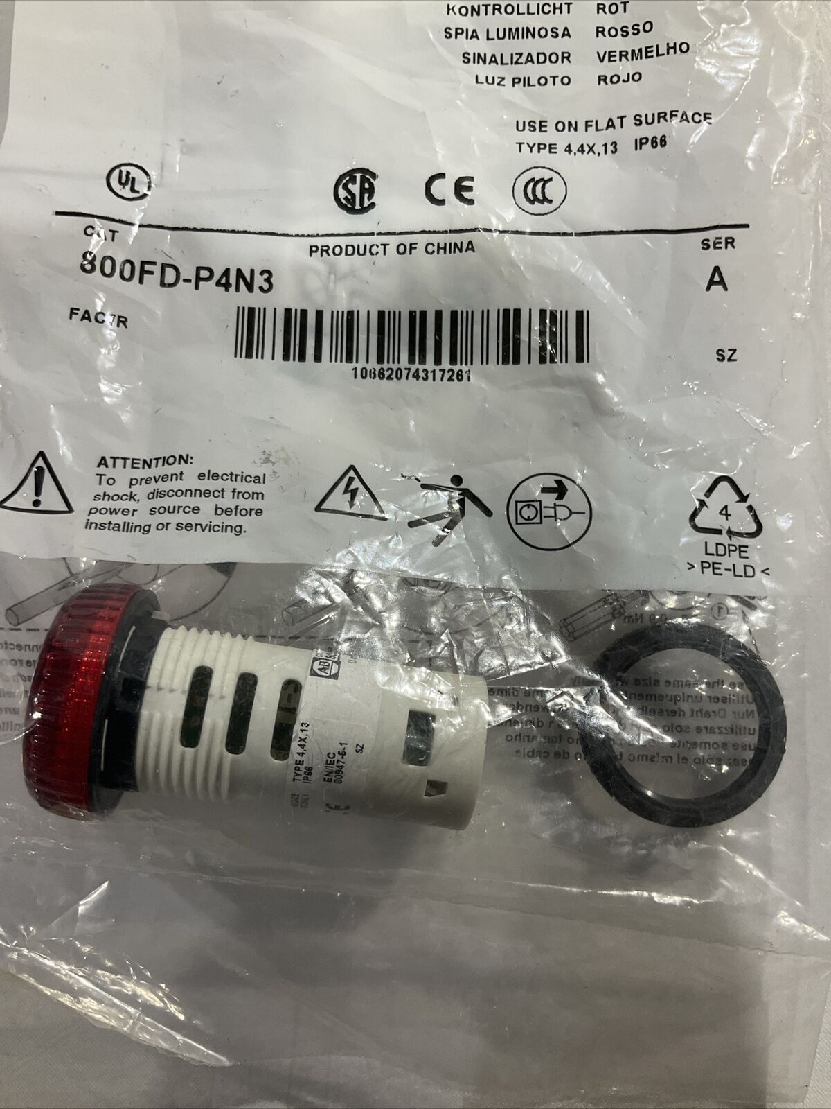A-B 800FD-P4N3 PILOT LIGHT RED FLUSH LED 24VDC U3S
