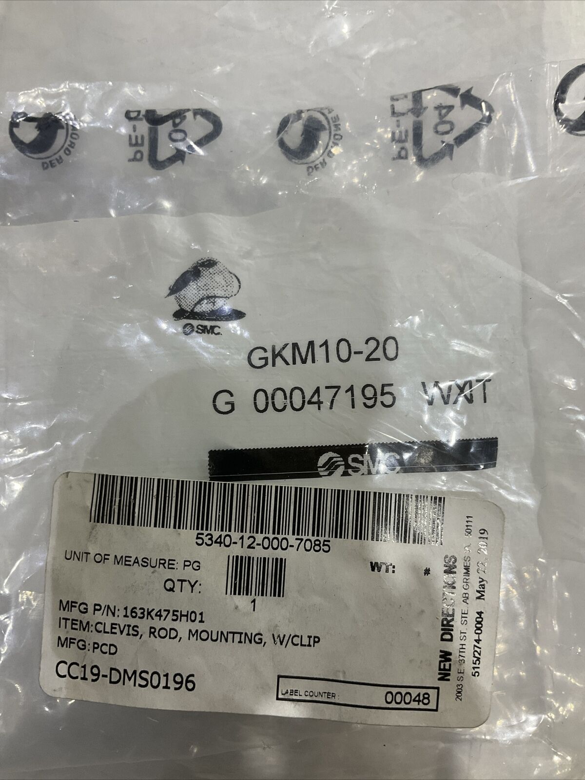 SMC GKM10-20 163K475H01 CLEVIS ROD MOUNTING W/CLIP U3S