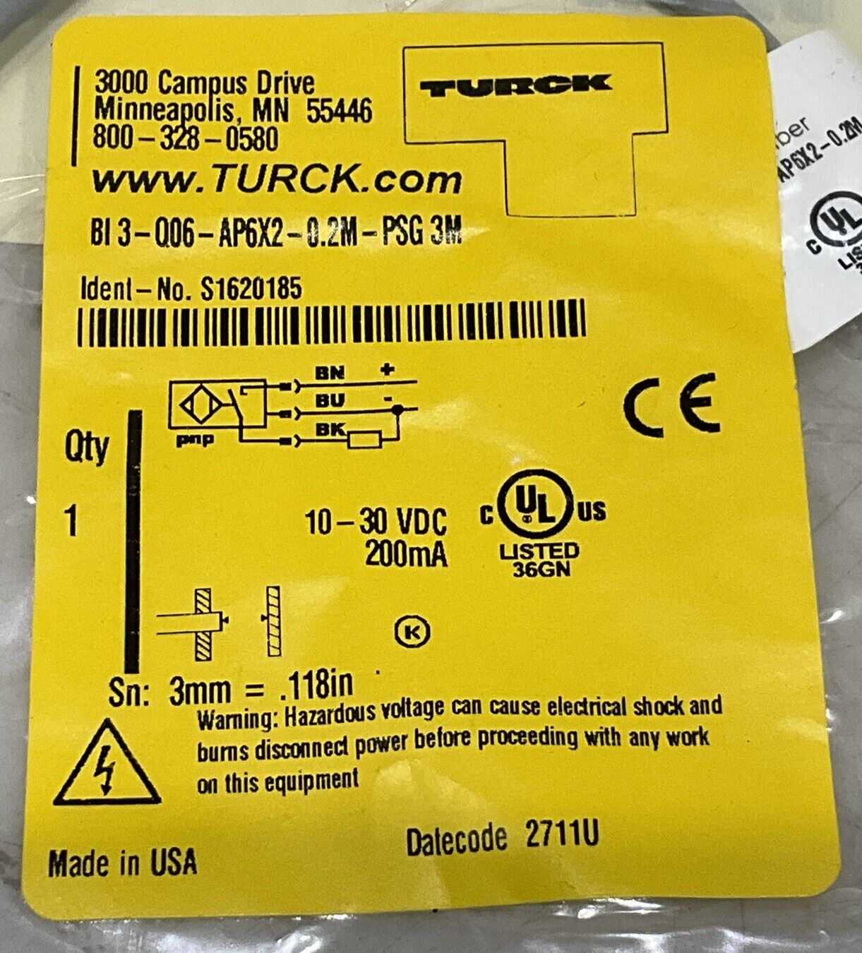 TURCK BI3-Q06-AP6X2-0.2M-PSG 3M INDUCTIVE SENSOR SWITCH U3S