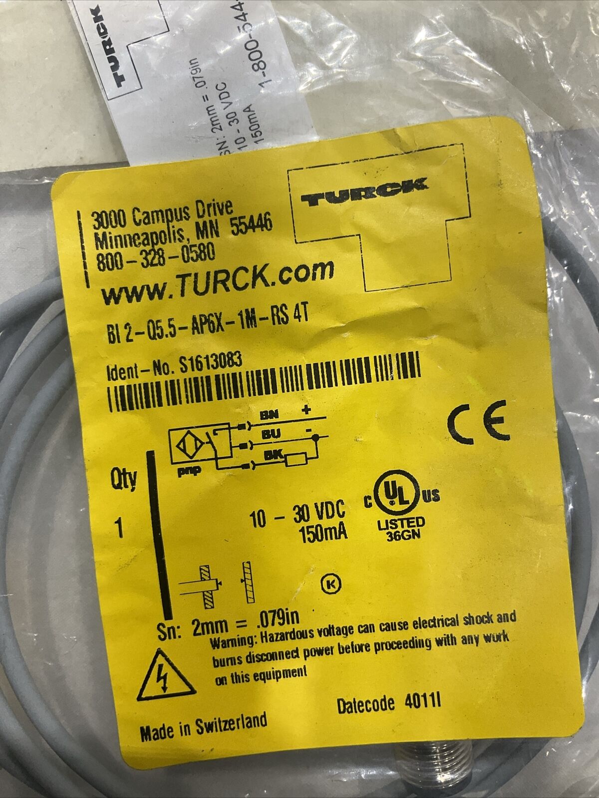 TURCK B12-Q5.5-AP6X-1M-RS4T SENSOR INDUCTIVE U3S