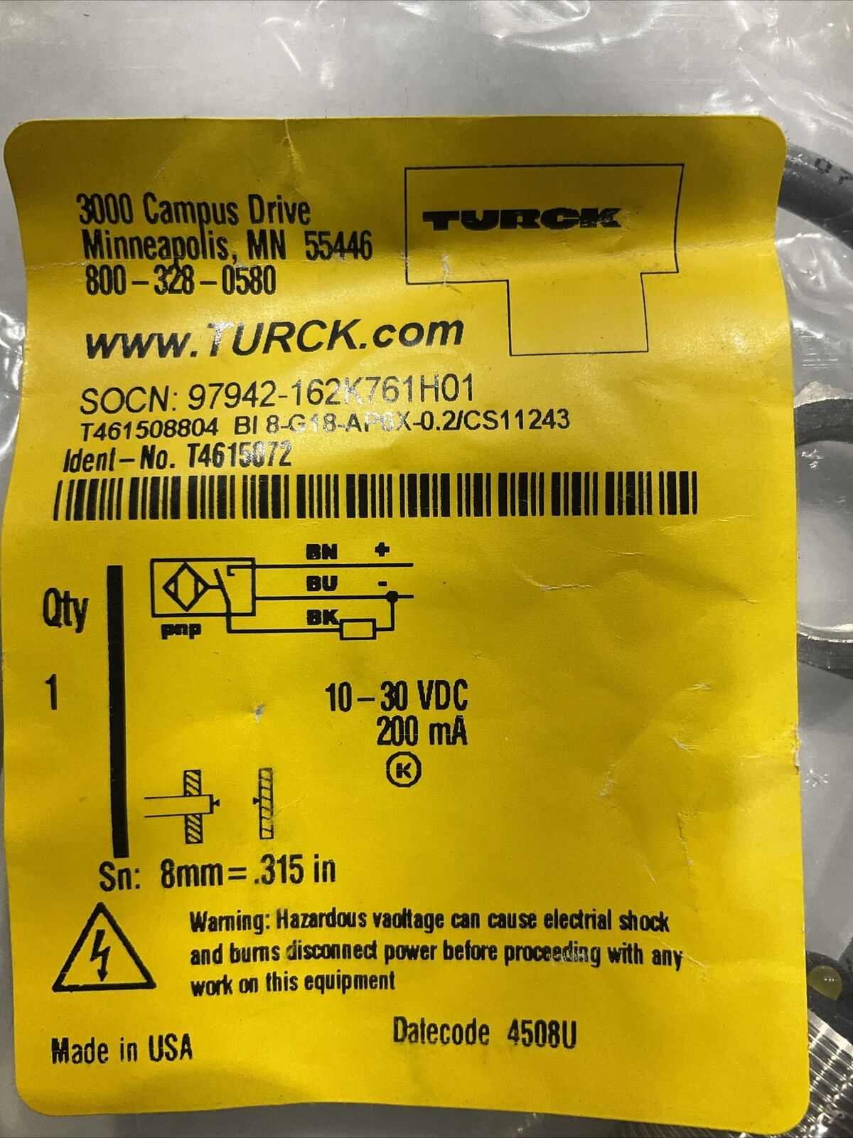 TURCK BI8-18-G18-AP6X-0.2/CS11243 97942-162K761H01 SENSOR, INDUCTIVE U3S