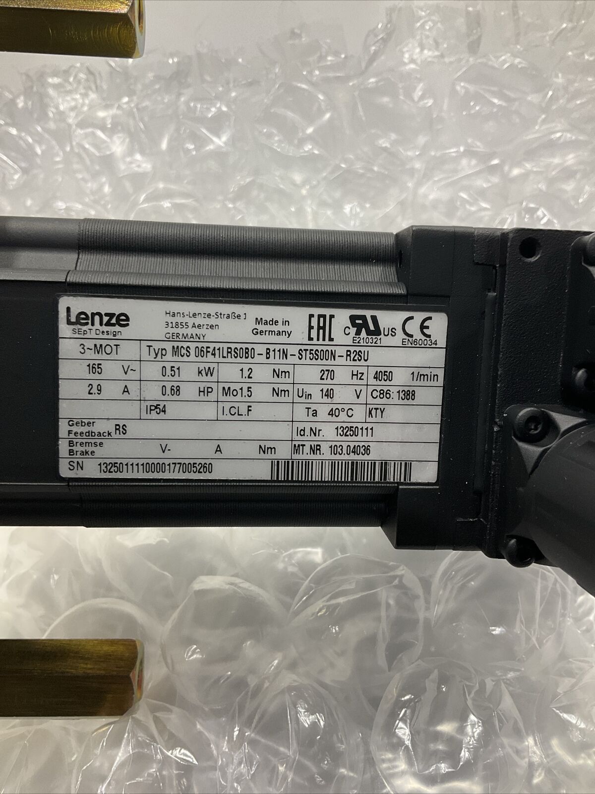 LENZE MCS 06F41LRS0B0-B11N MOTOR ASSY,PERFORATED BELT 165V U3S