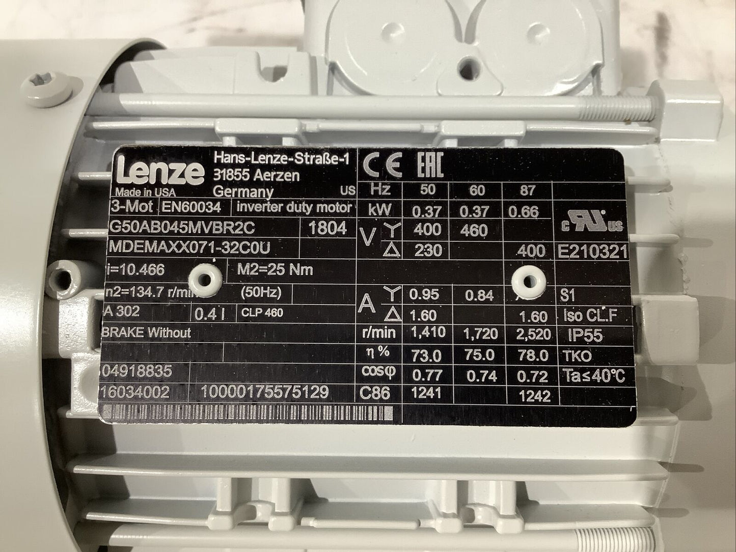 LENZE 3-MOT EN60034 G50AB04MVBR2C MDEMAXX071-32C0U GEARBOX MOTOR U3S