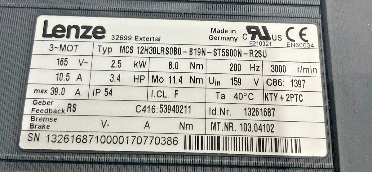 LENZE MCS 12H30LRS0B0-B19N-ST5S00N-R2SU 13261687 SERVO MOTOR CULLING U3S