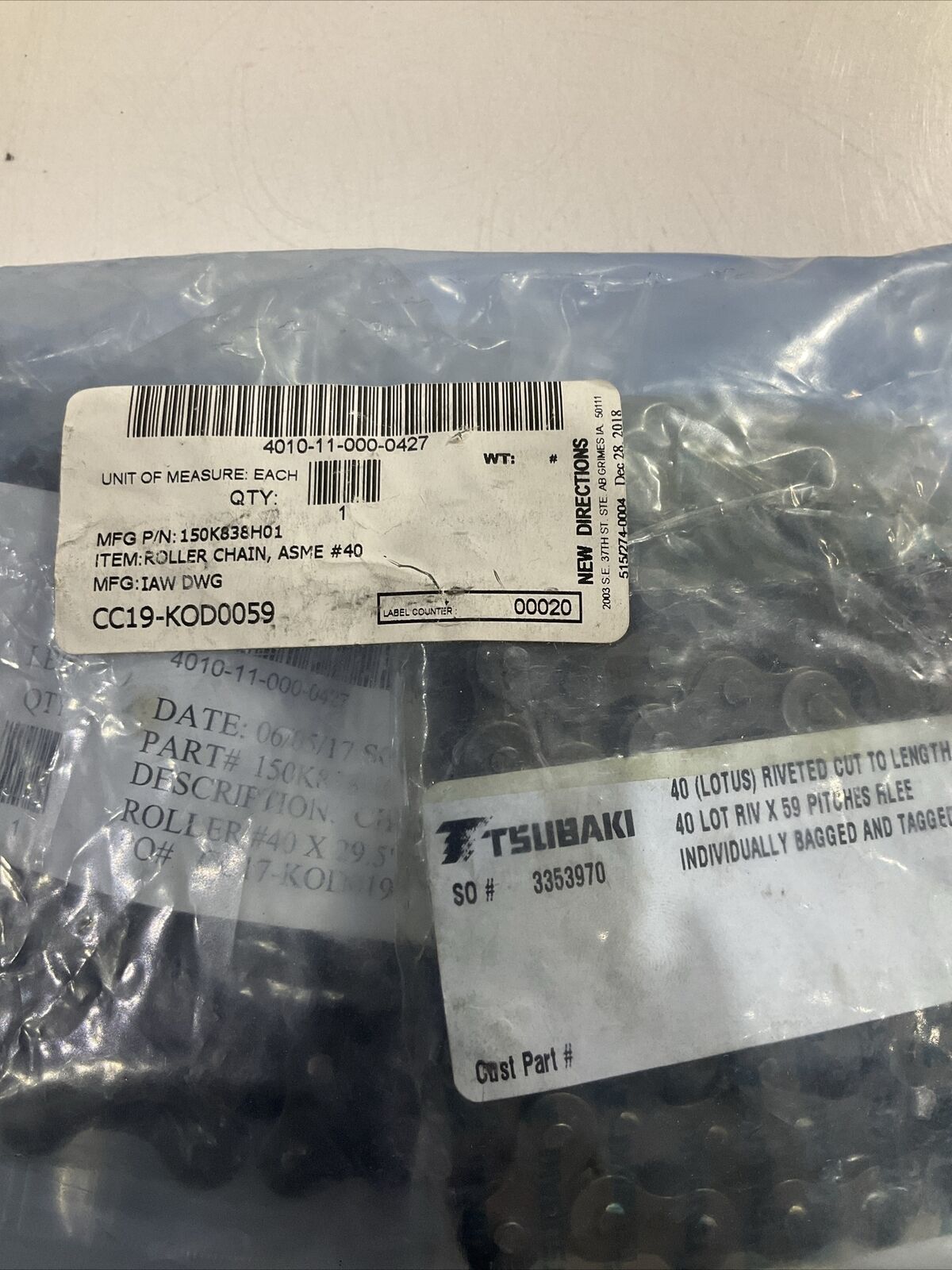 TSUBAKI 150K838H01 40# RIV X 59 PITCHES ROLLER CHAIN LOT OF 2 U3S