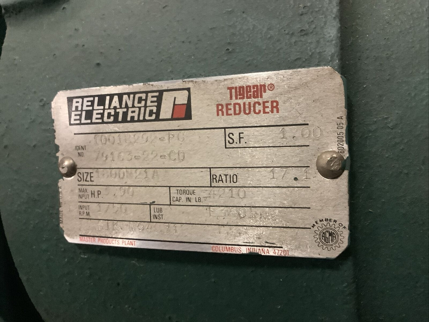 RELIANCE ELECTRIC 79163-22-CD TIGEAR REDUCER 3.9HP 1750RPM 17.1 RATIO U3S