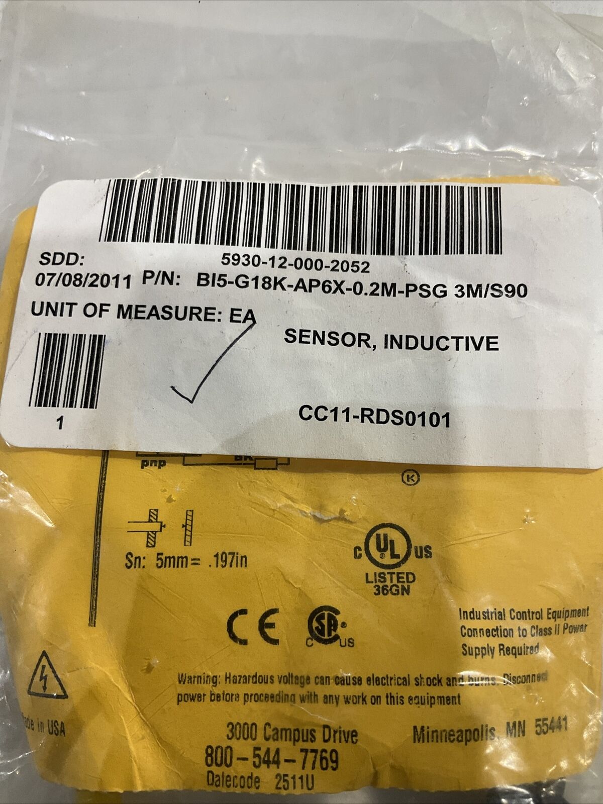 TURCK B15-G18K-AP6X-0.2M-PSG 3M/S90 SENSOR INDUCTIVE U3S