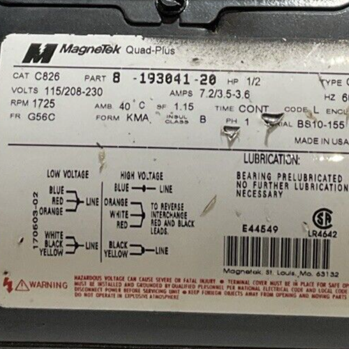 MAGNETEK 1/2HP 8-193041-20 MOTOR U3S