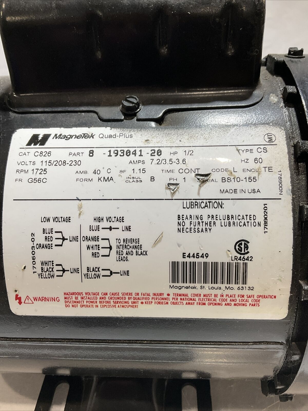MAGNETEK 1/2HP 8-193041-20 MOTOR U3S