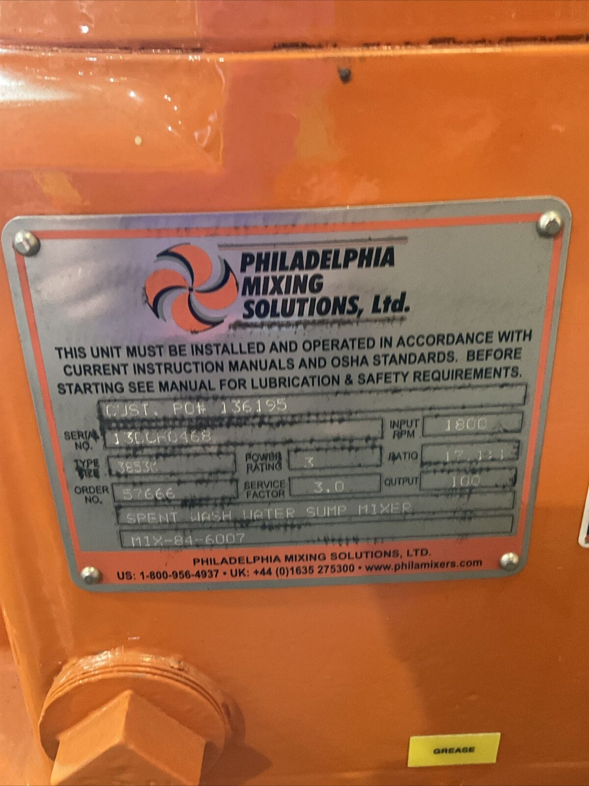 PHILADELPHIA RAVEN 3800 3853M SPENT WASH WATER SUMP MIXER MIX-84-6011 1800RPM