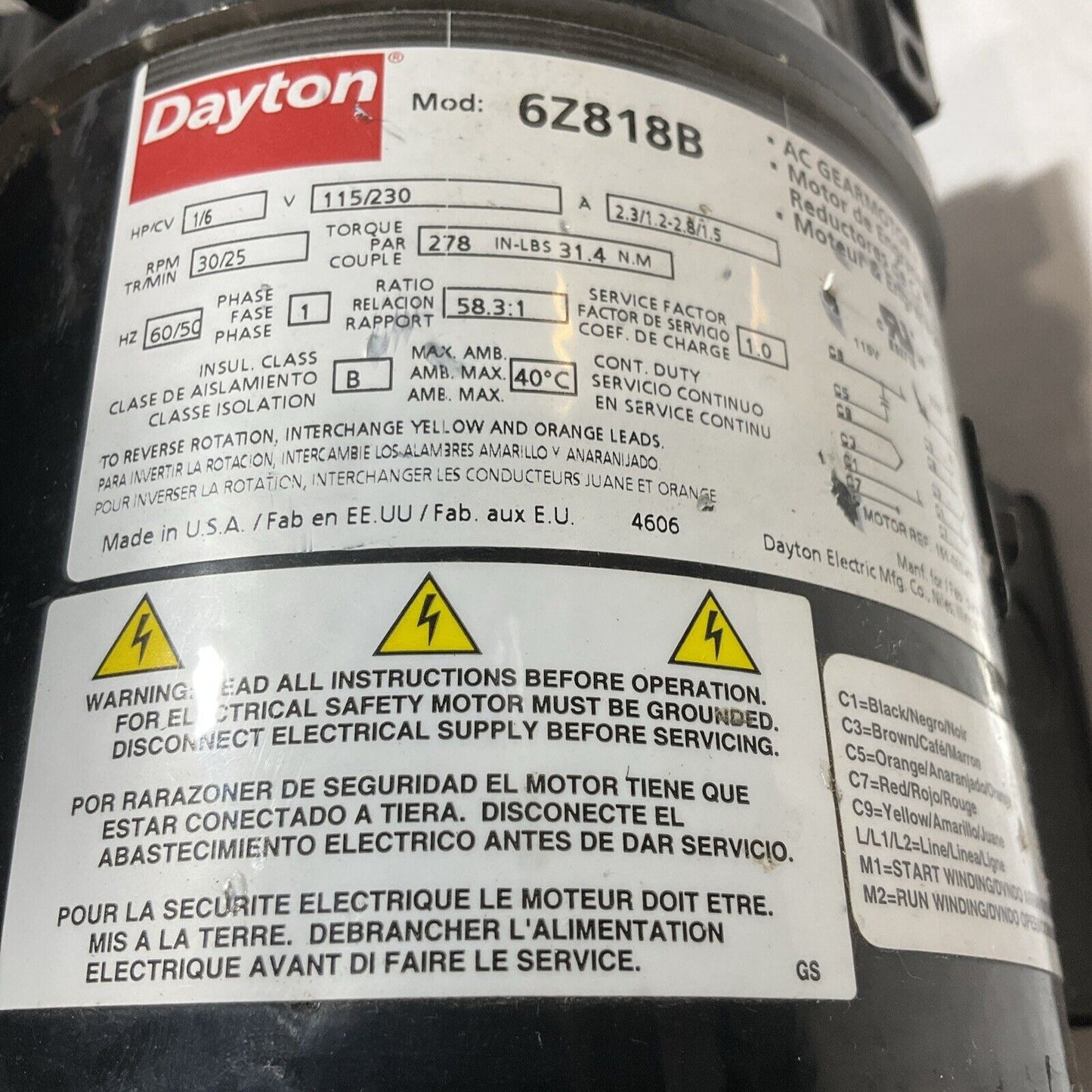 DAYTON 6Z818B AC GEARMOTOR U3S
