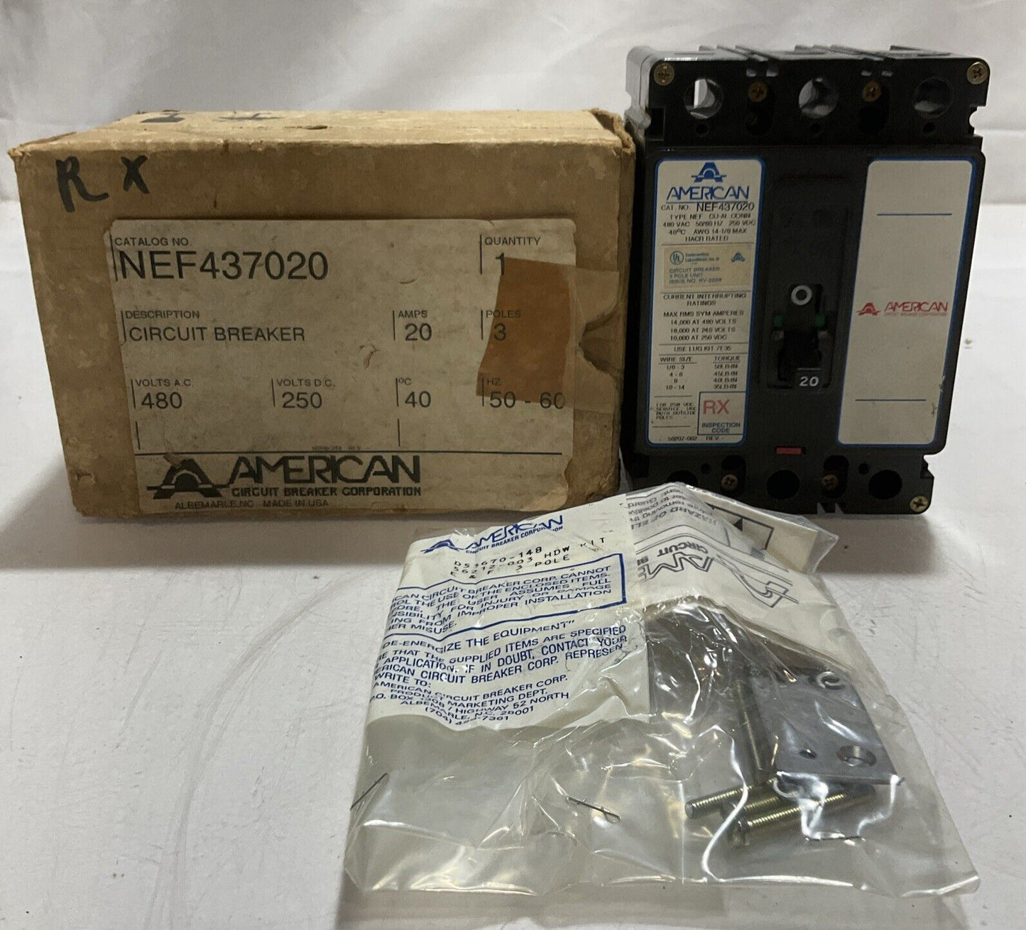 AMERICAN NEF437020 20A CIRCUIT BREAKER 3POLES 250VOLTS DC U3S