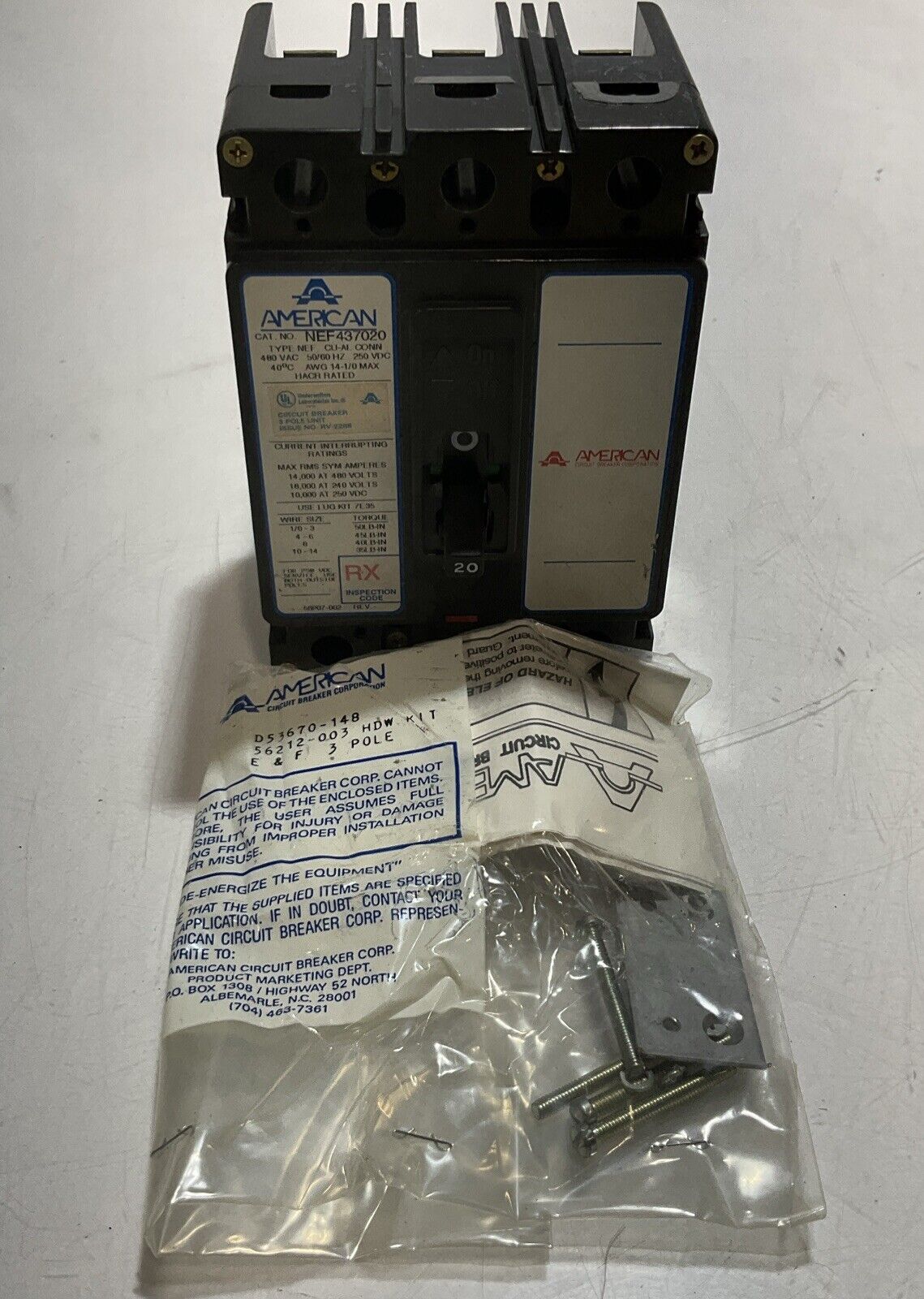 AMERICAN NEF437020 20A CIRCUIT BREAKER 3POLES 250VOLTS DC U3S