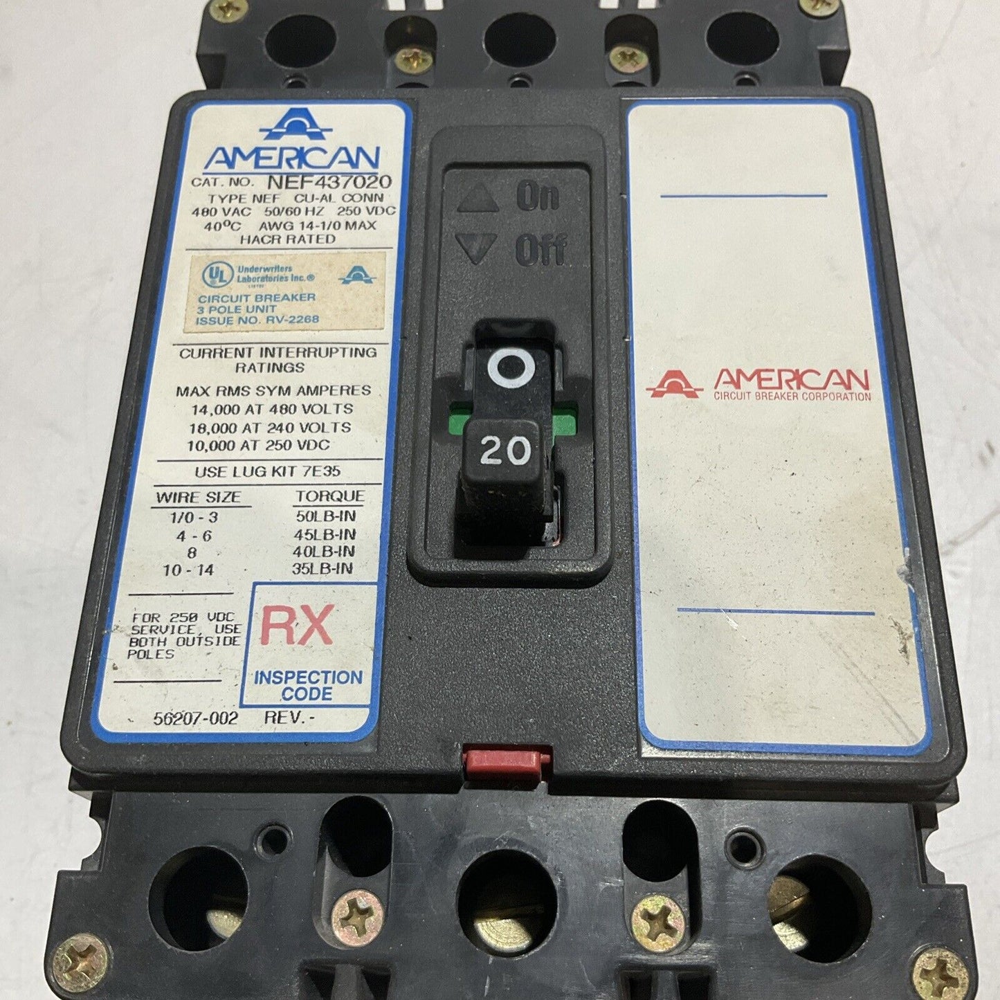 AMERICAN NEF437020 20A CIRCUIT BREAKER 3POLES 250VOLTS DC U3S