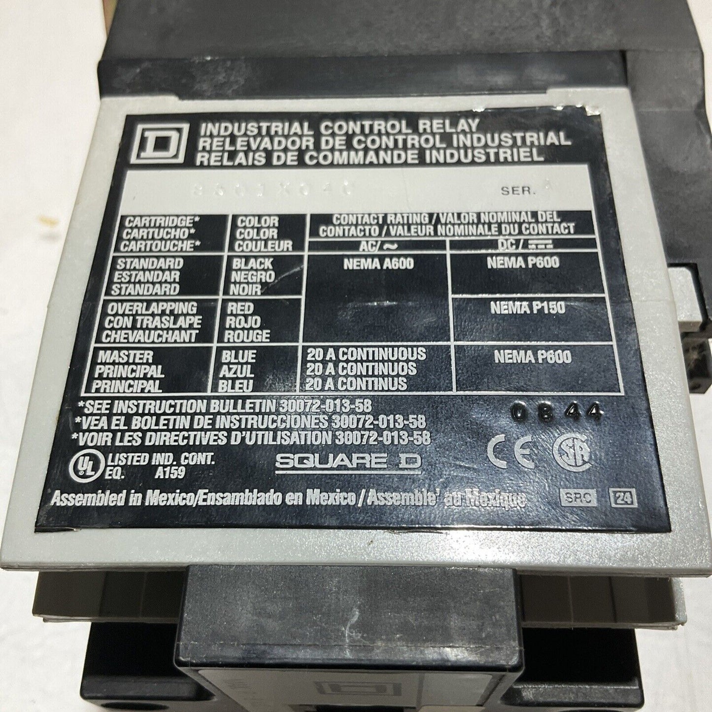 SQUARE D 8501X040 8501 TYPE X INDUSTRIAL CONTROL RELAY 120V U3S