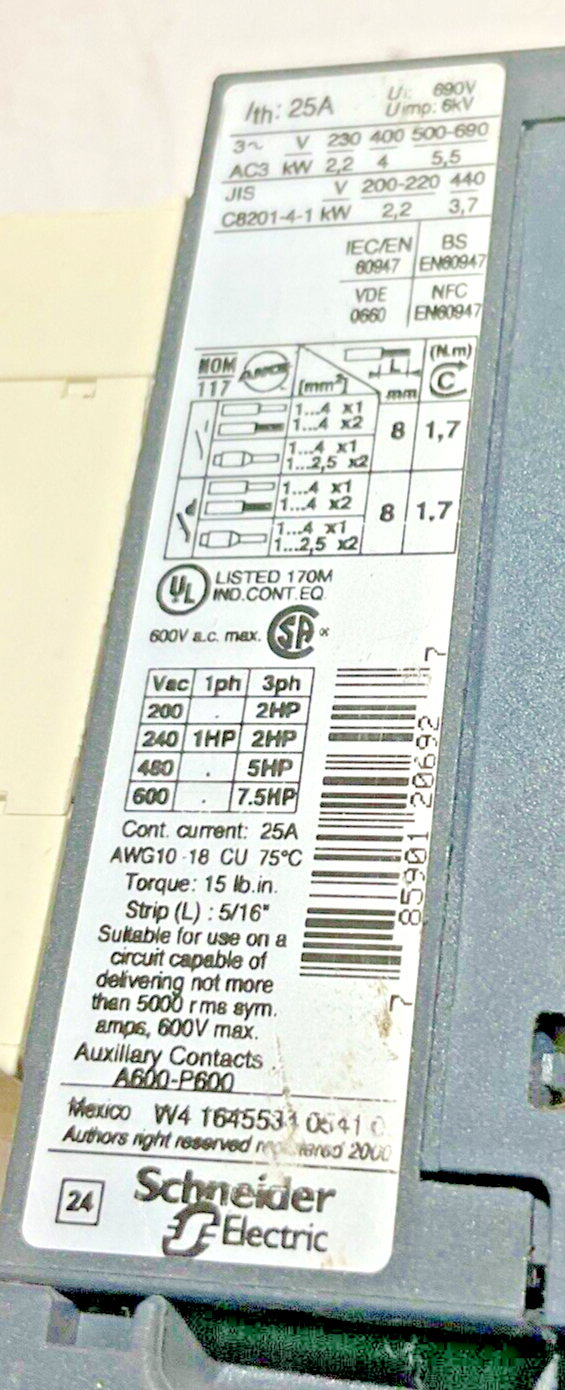 TELEMECANIQUE LC1D09 CONTRACTOR MOTOR CONTROL 690V U3S