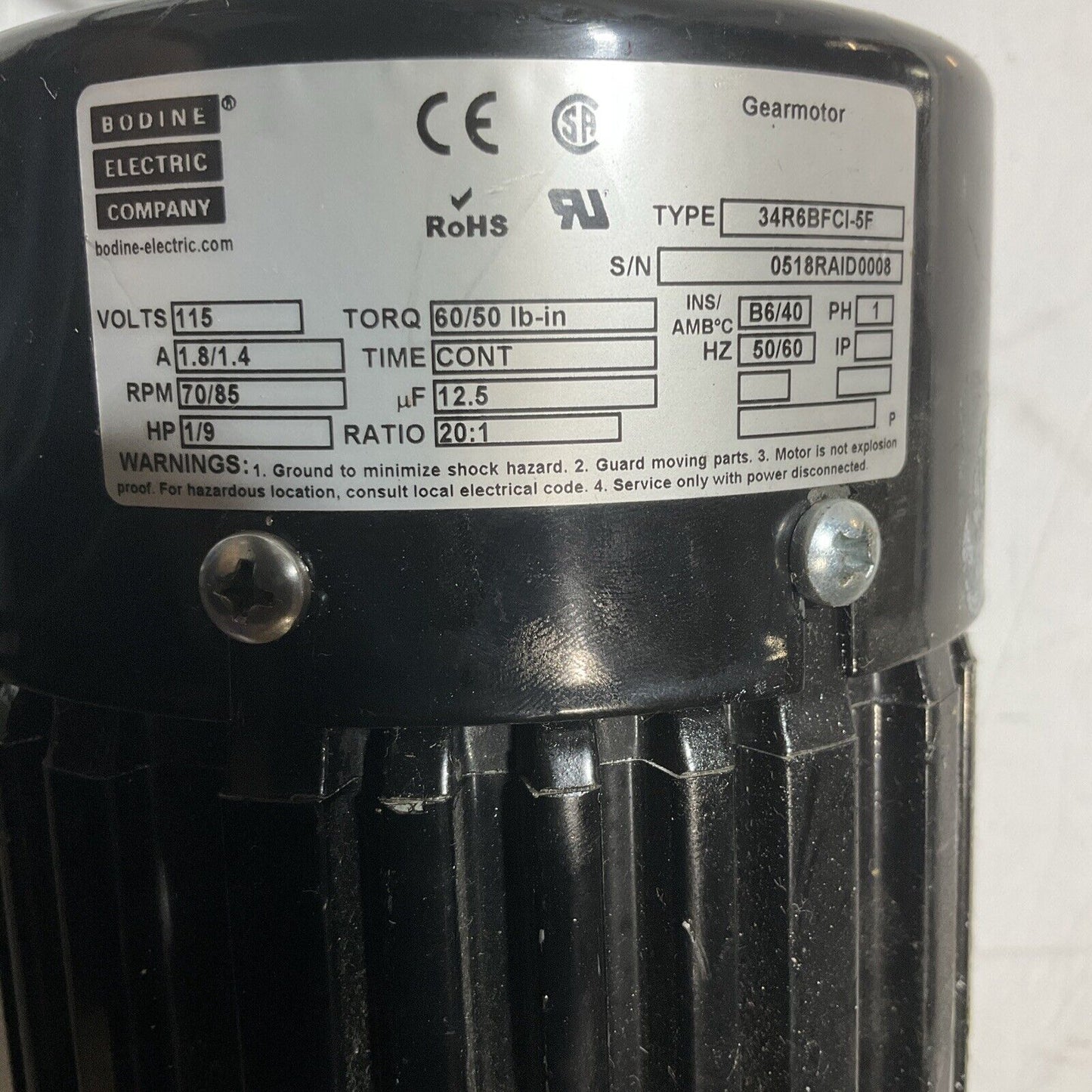 BODINE ELECTRIC CONPANY 34R6BFCI-5F GEARMOTOR 115 VOLTS U3S