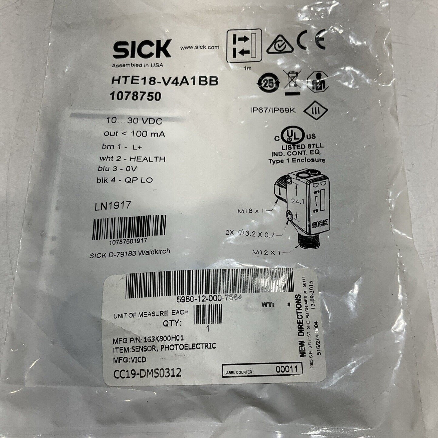 SICK HTE18-V4A1BB 1078750 PHOTOELECTRIC SENSOR 10-30VDC LOT OF 4 U3S