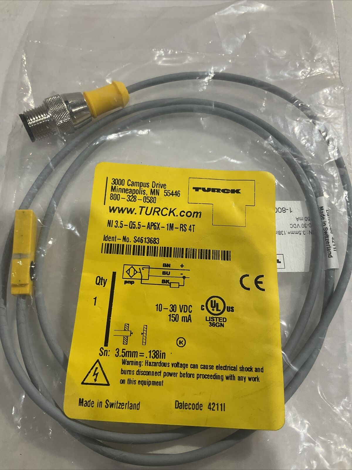 TURCK NI3.5-AP6X-1M-RS4T S4613683 SENSOR CABLE ASSEMBLY 10-30 VDC 150 MA U3S