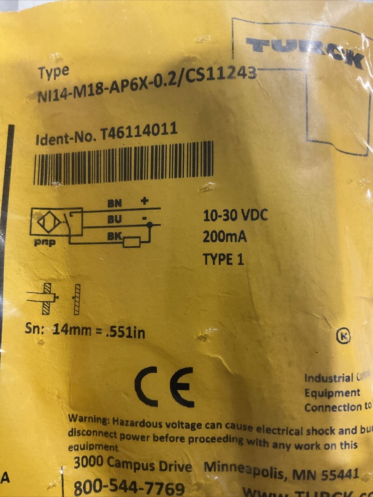 TURCK NI14-M18-AP6X-0.2/CS11243 INDUCUTIVE SENSOR TYPE 1 10-30 VDC LOT OF 2 U3S