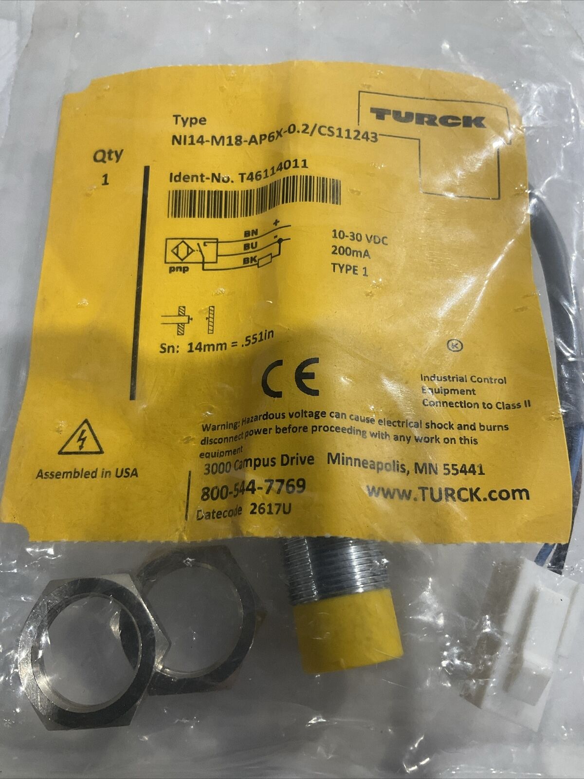 TURCK NI14-M18-AP6X-0.2/CS11243 INDUCUTIVE SENSOR TYPE 1 10-30 VDC LOT OF 2 U3S