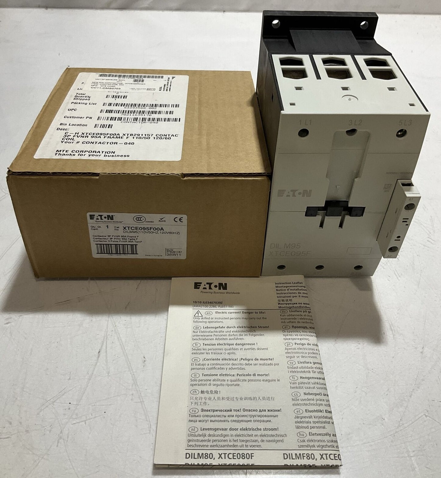 EATON XTCE095F00A CONTACTOR 3 P 250 VDC 125 A U3S
