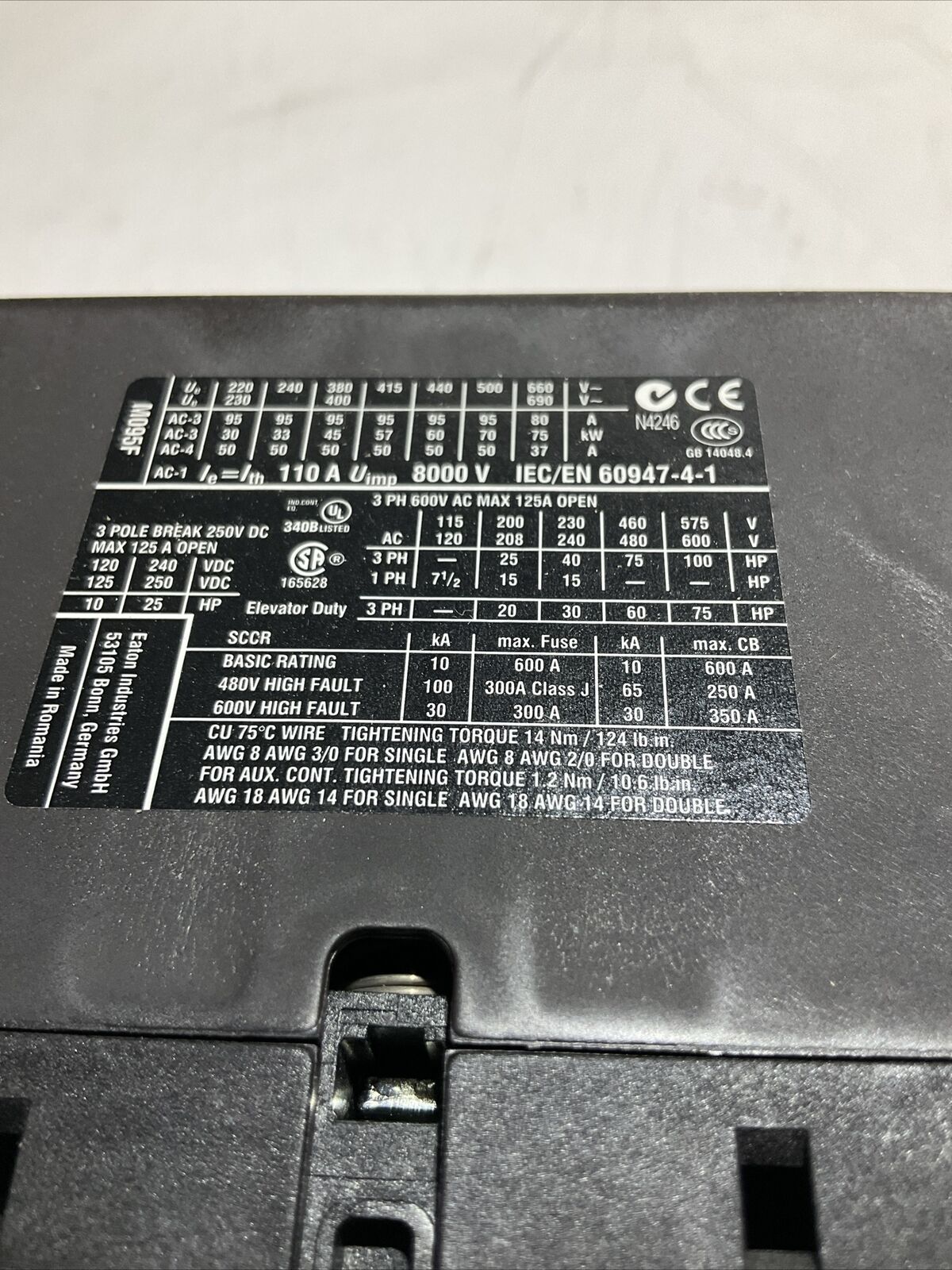 EATON XTCE095F00A CONTACTOR 3 P 250 VDC 125 A U3S