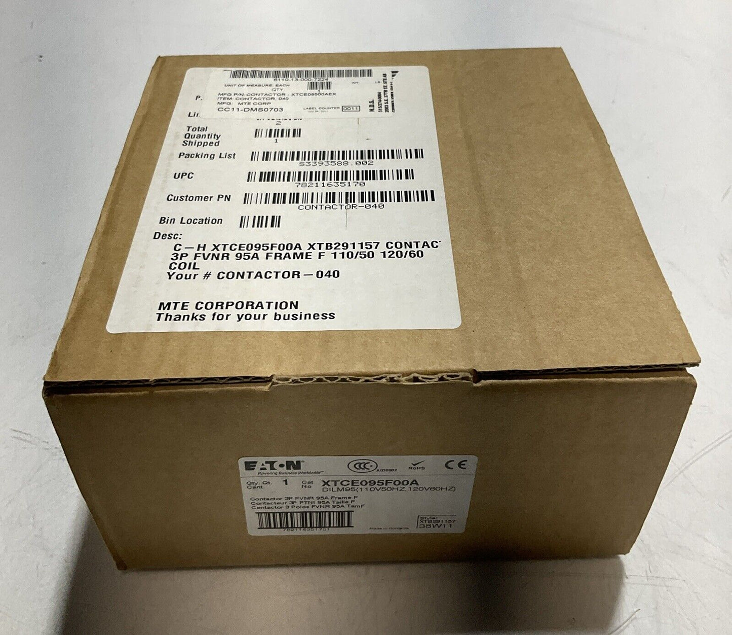 EATON XTCE095F00A CONTACTOR 3 P 250 VDC 125 A U3S