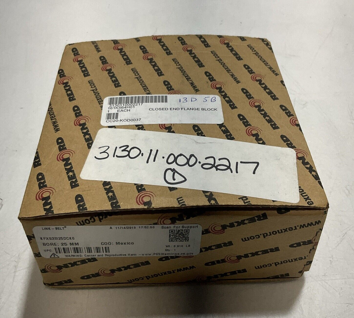 REXNORD KFX2M25DCK6 CLOSED END FLANGE BLOCK U3S