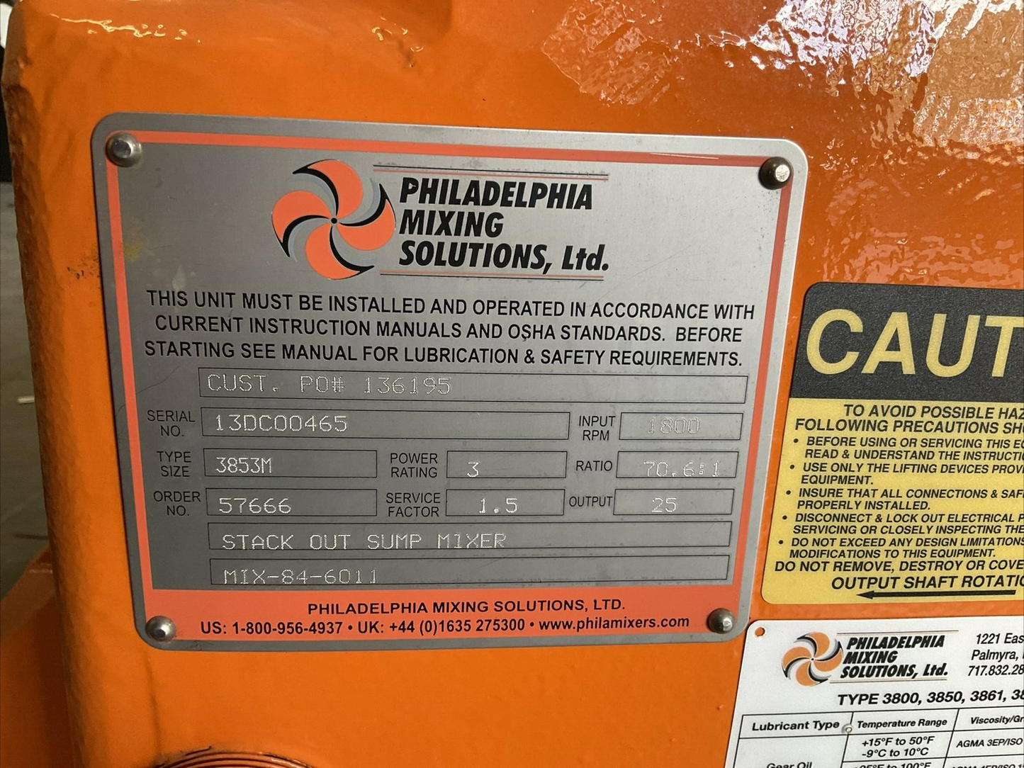 PHILADELPHIA RAVEN 3800 3853M SPENT WASH WATER SUMP MIXER MIX-84-6011 1800RPM