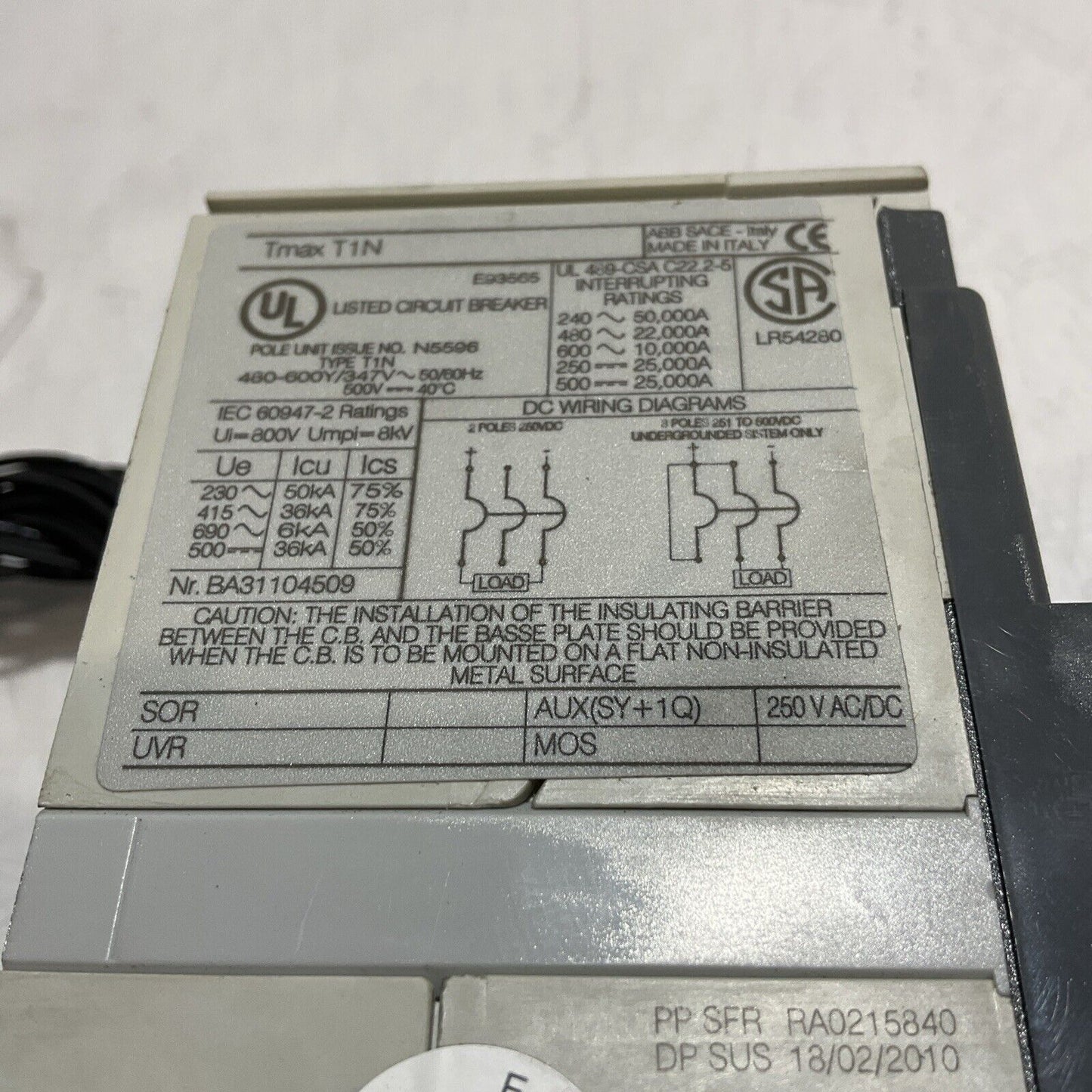 ABB SACE TMAX T1N 40A E93565 CIRCUIT BREAKER T1N040TLA U3S