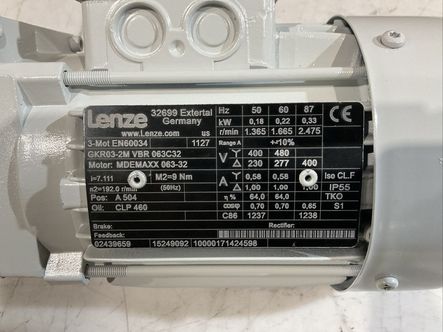 LENZE EN60034 GKR03-2M VBR 063C32 MDEMAXX 063-32 GEARBOX MOTOR U3S