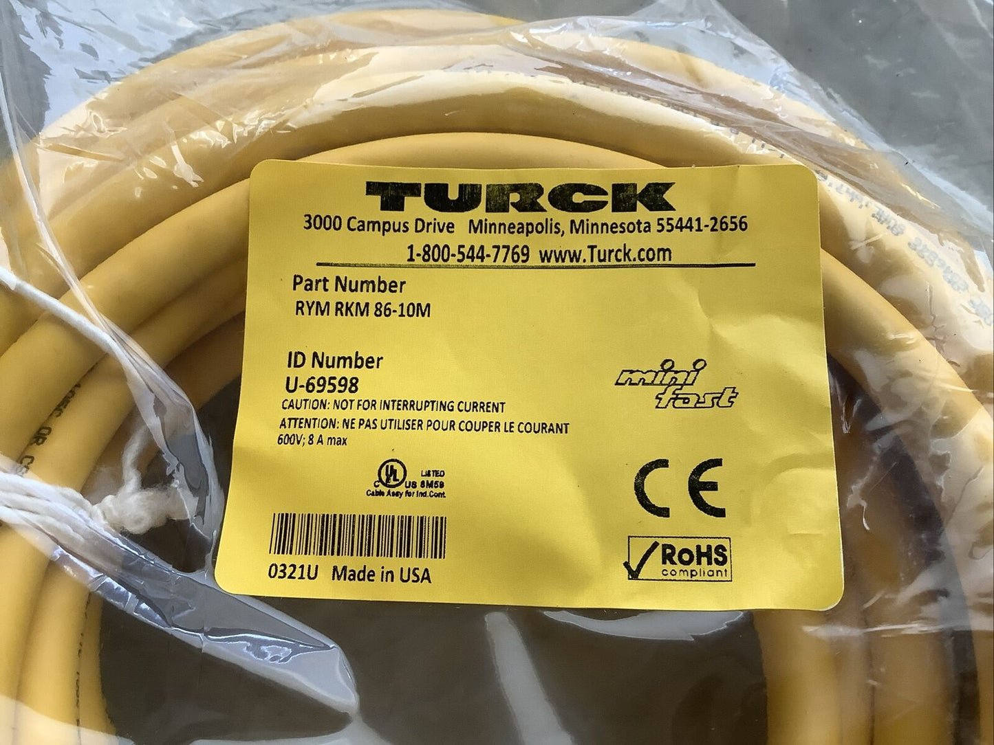 TURCK RYM RKM 86-10M CORDSET 10M U3S