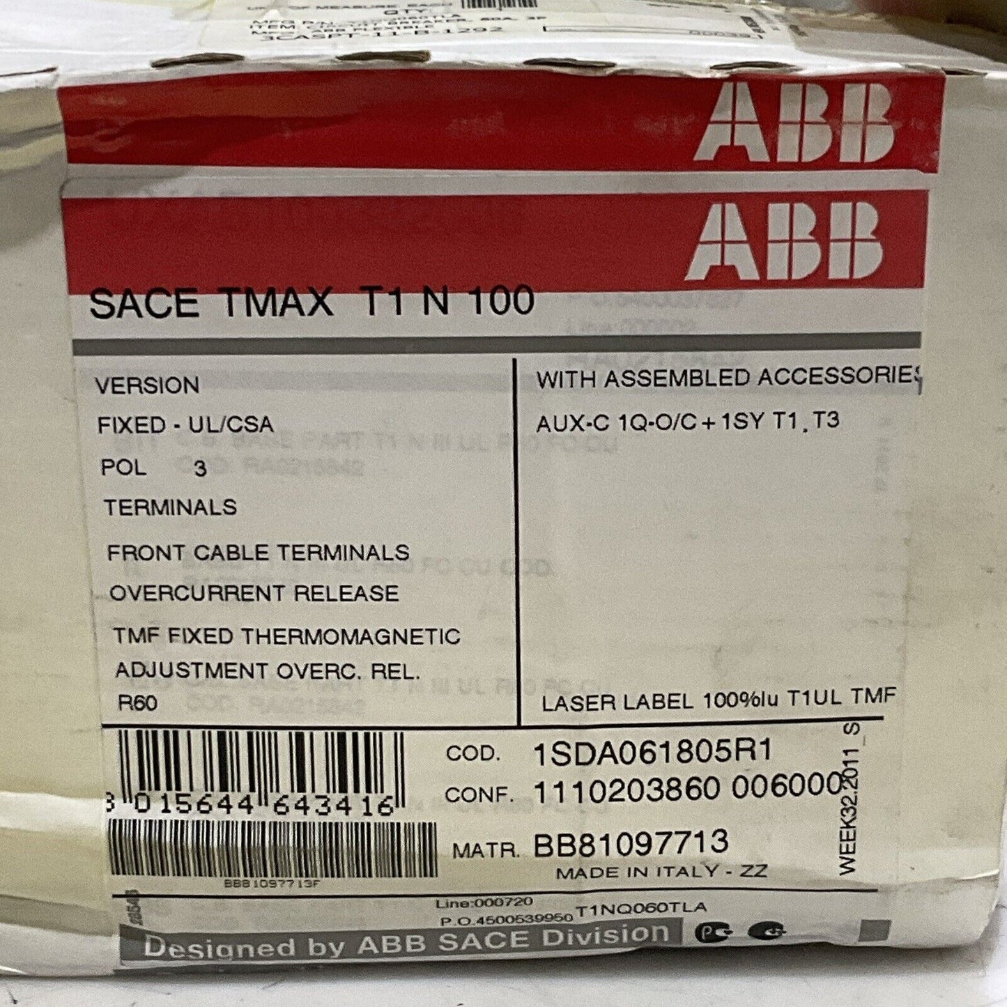 ABB SACE TMAX T1 N 100 CIRCUIT BEAKER 3 P 40 A 500 V TYPE T1N U3S