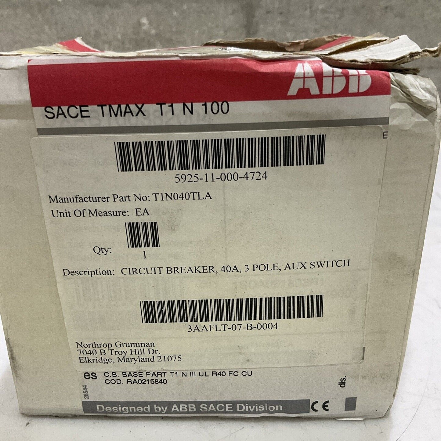 ABB T1N04TLA TMAX T1N CIRCUIT BREAKER 40A 3P 50/60HZ TYPE T1N U3S