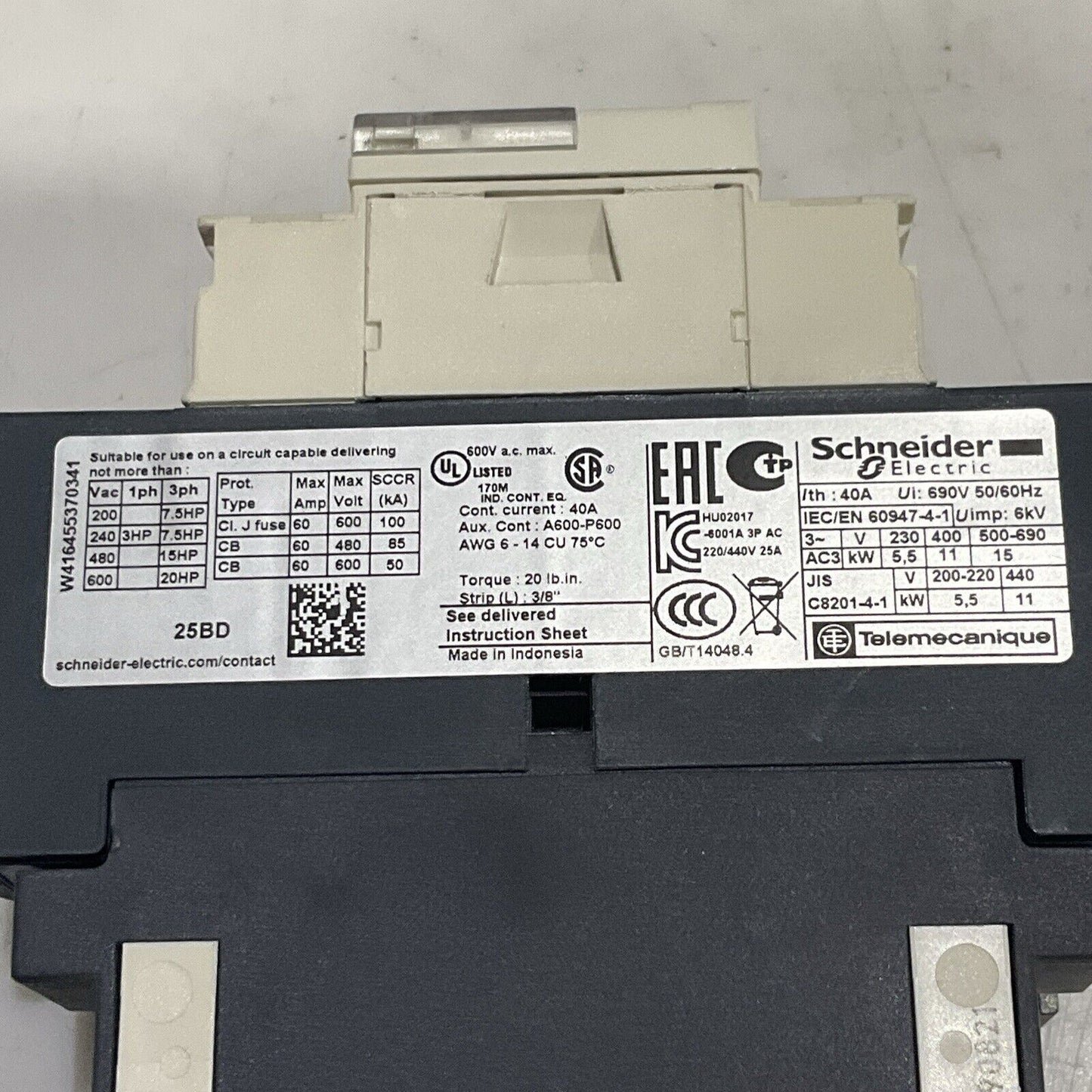 SCHNEIDER ELECTRIC LAD4TBDL LC1D25 CONTACTOR 25A 600V 50/60 HZ U3S