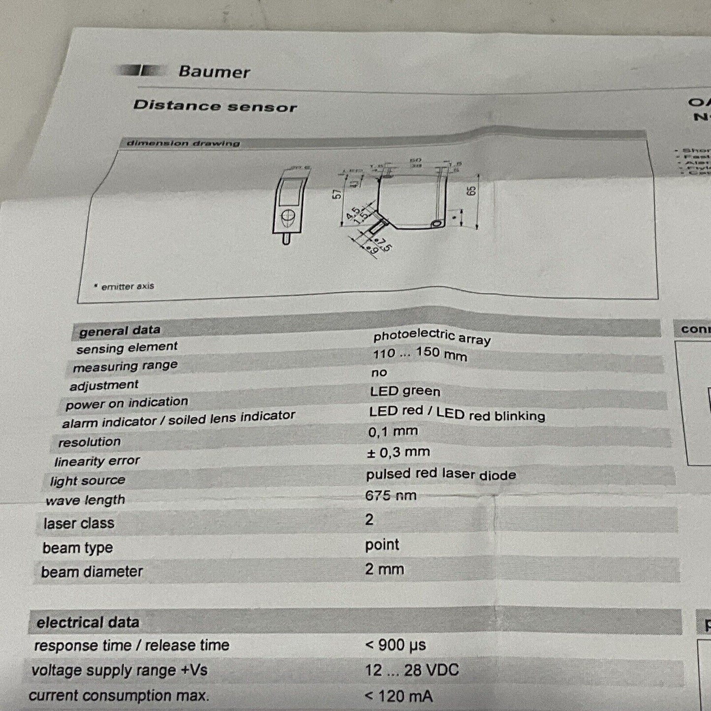 BAUMER OADM 20I44/406009A PHOTOELECTRIC DISTANCE SENSOR LONG 28V RANGE 675NM U3S